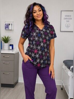 Scrubstar XL Snowflake Scrub Top Black Purple Christmas Winter V-Neck